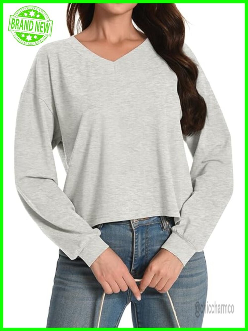 Long Sleeve Cotton Blend Crop Top V Neck Loose Fit Tee Workout